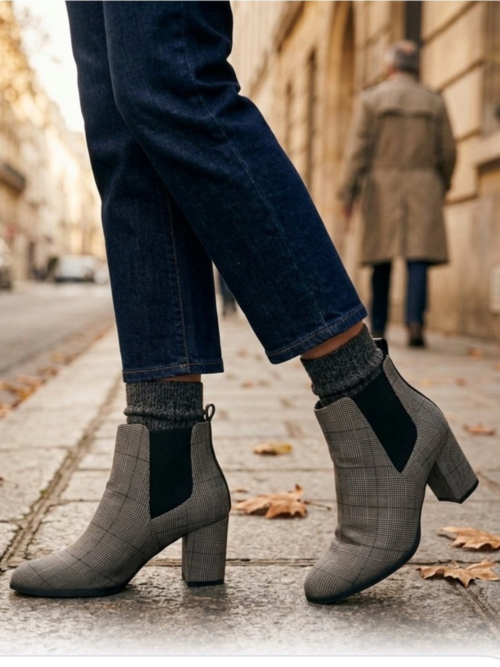 George Plaid Chelsea Block Heel Ankle Boots in Gray